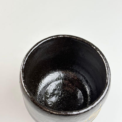 Kuro Raku Chawan by Sasaki Shoraku — Chonyu-Style Black Tea Bowl with Gold Flame Motif, Signed by Fukumoto Sekio of Daitoku-ji