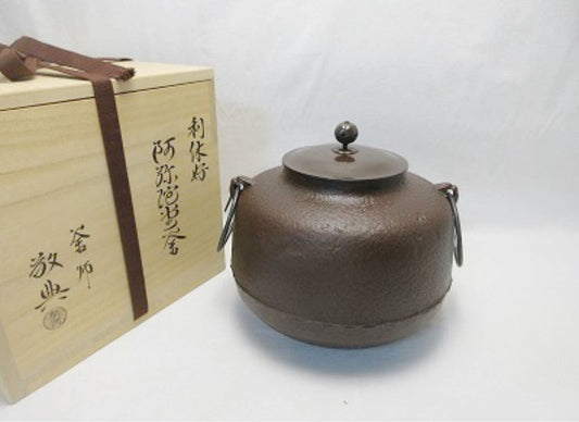 Japanese Cast Iron Tea Ceremony Kettle, Amidado Gama Chagama by Living National Treasure Takahashi Keiten, Signed Tomobako, Unused
