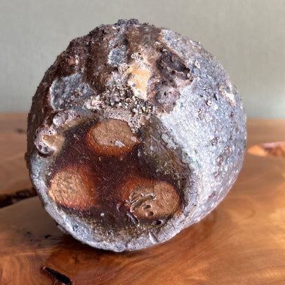 Shigaraki Hanging Flower Vase by Minagawa Takashi, Tsuchi no Ko Kiln — Natural Ash Glaze Wabi-Sabi Ikebana Vessel with Original Box