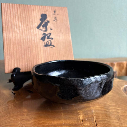 Shoraku Black Raku Matcha Bowl "Umadarai" — Summer Chawan, Kyoto Raku-Yaki, Signed Box
