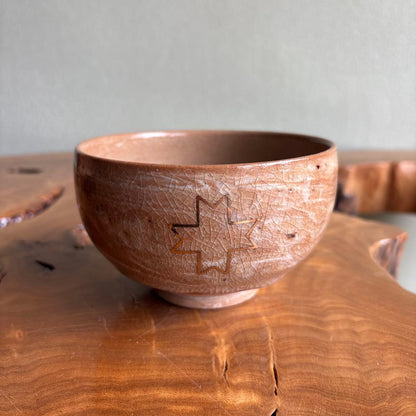Yoritsuchi Chawan by Shuzan - Japanese Matcha Bowl with Gold Star Inlay on Warm Crackle Clay, Signed Box