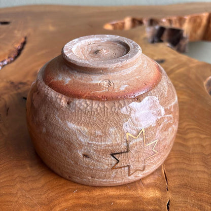 Yoritsuchi Chawan by Shuzan - Japanese Matcha Bowl with Gold Star Inlay on Warm Crackle Clay, Signed Box