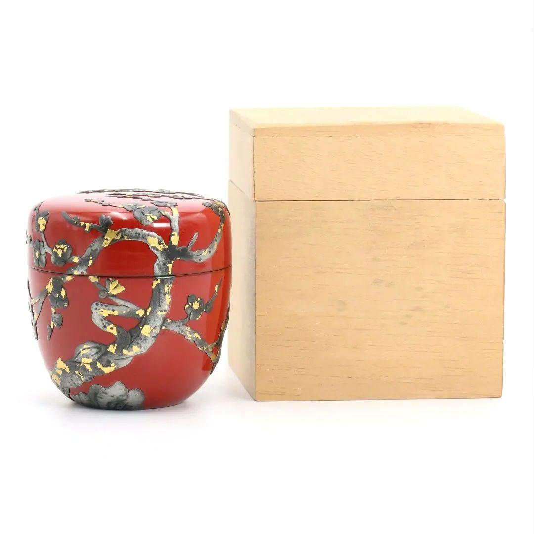Ryukyu Lacquer Plum Blossom Natsume - Okinawan Vermillion Tea Caddy with Tsuikin Relief