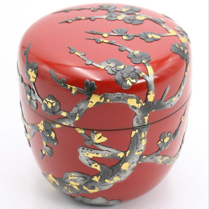 Ryukyu Lacquer Plum Blossom Natsume - Okinawan Vermillion Tea Caddy with Tsuikin Relief