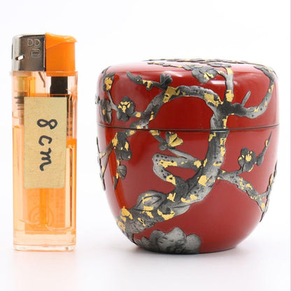 Ryukyu Lacquer Plum Blossom Natsume - Okinawan Vermillion Tea Caddy with Tsuikin Relief