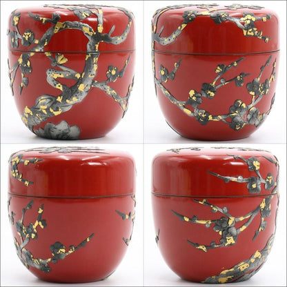 Ryukyu Lacquer Plum Blossom Natsume - Okinawan Vermillion Tea Caddy with Tsuikin Relief