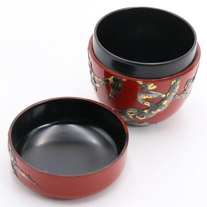 Ryukyu Lacquer Plum Blossom Natsume - Okinawan Vermillion Tea Caddy with Tsuikin Relief