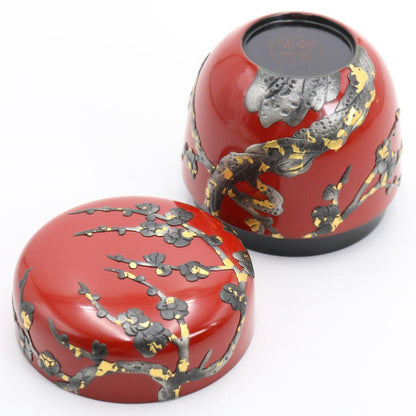 Ryukyu Lacquer Plum Blossom Natsume - Okinawan Vermillion Tea Caddy with Tsuikin Relief