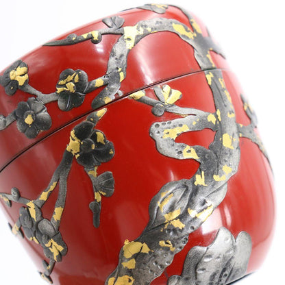 Ryukyu Lacquer Plum Blossom Natsume - Okinawan Vermillion Tea Caddy with Tsuikin Relief
