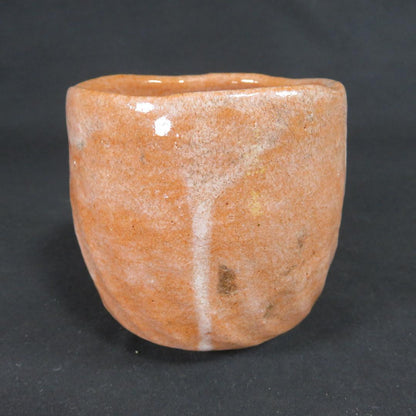 Aka Raku Tsutsuchawan Tea Bowl by Heianshoraku, Salmon-Pink Glaze with Blue-Grey Scenery