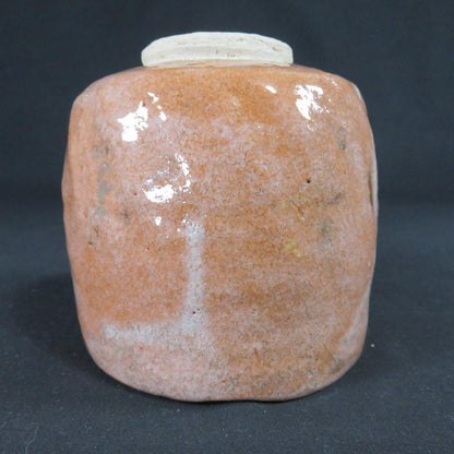 Aka Raku Tsutsuchawan Tea Bowl by Heianshoraku, Salmon-Pink Glaze with Blue-Grey Scenery