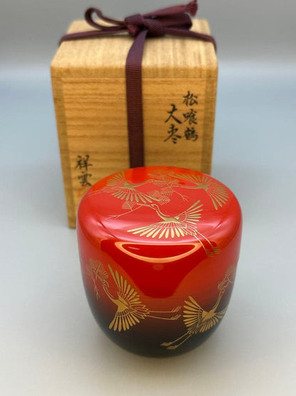 Crane and Pine Maki-e O-Natsume by Nishimura Shoun — Red Lacquer Tea Caddy