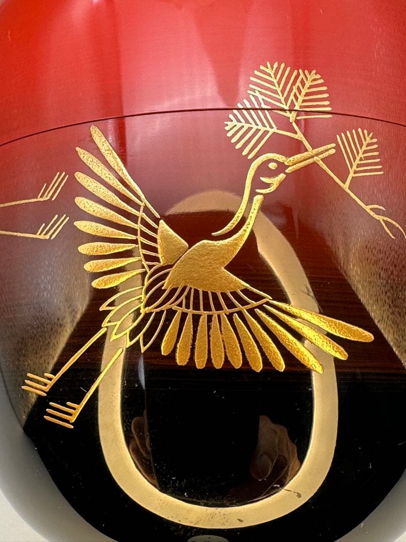 Crane and Pine Maki-e O-Natsume by Nishimura Shoun — Red Lacquer Tea Caddy