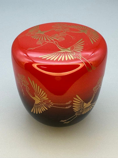 Crane and Pine Maki-e O-Natsume by Nishimura Shoun — Red Lacquer Tea Caddy