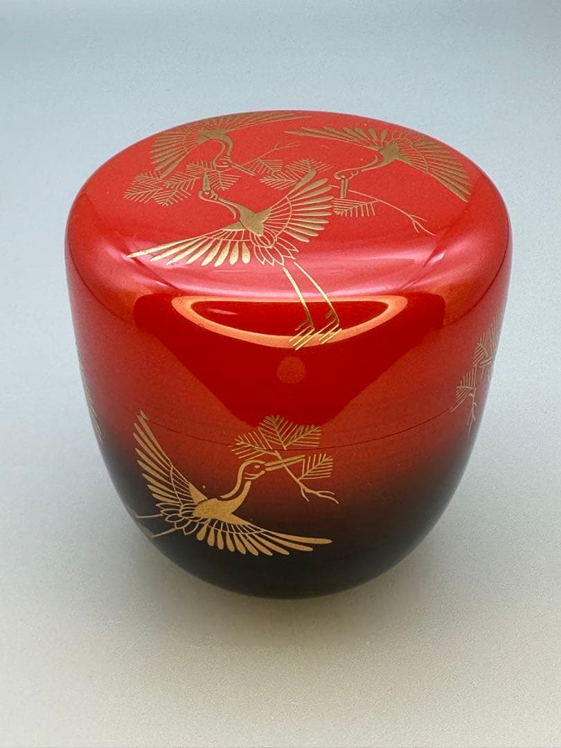 Crane and Pine Maki-e O-Natsume by Nishimura Shoun — Red Lacquer Tea Caddy