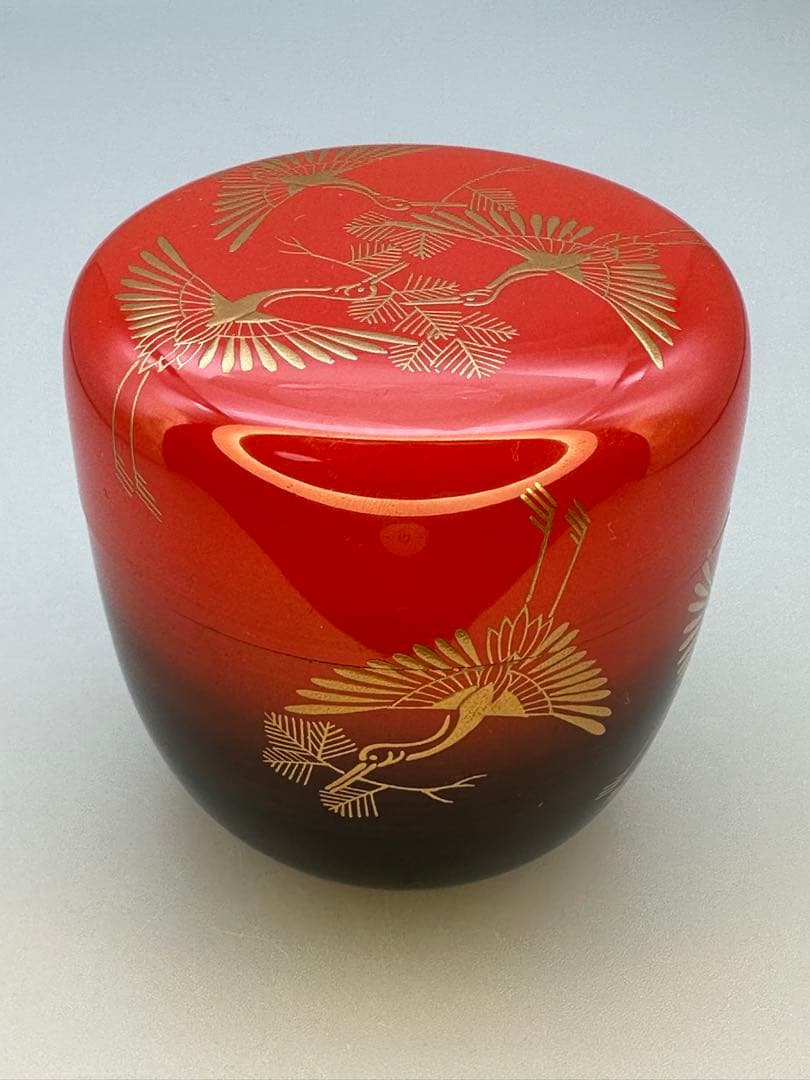 Crane and Pine Maki-e O-Natsume by Nishimura Shoun — Red Lacquer Tea Caddy