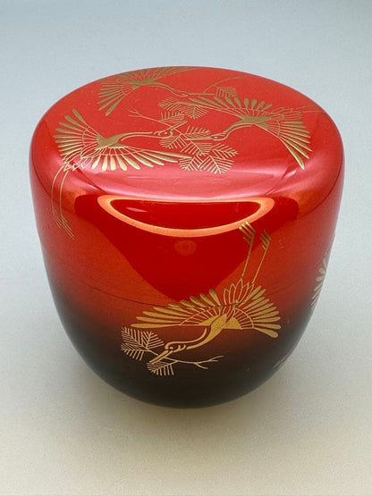 Crane and Pine Maki-e O-Natsume by Nishimura Shoun — Red Lacquer Tea Caddy