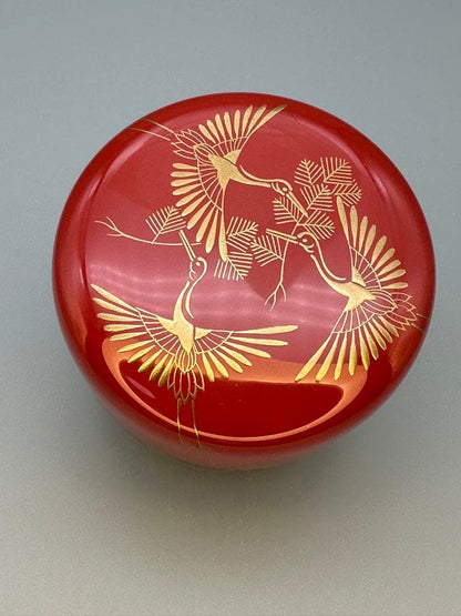 Crane and Pine Maki-e O-Natsume by Nishimura Shoun — Red Lacquer Tea Caddy