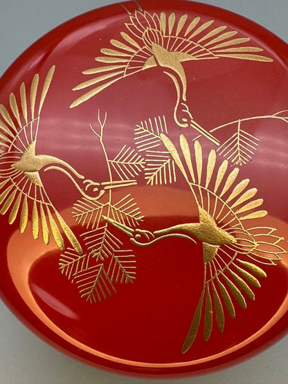 Crane and Pine Maki-e O-Natsume by Nishimura Shoun — Red Lacquer Tea Caddy