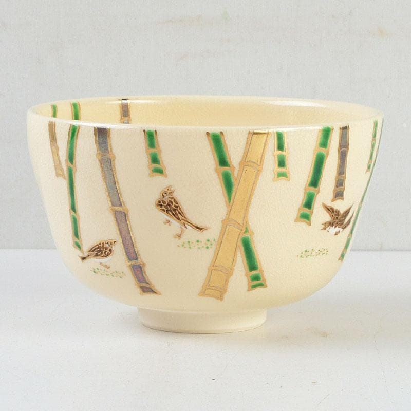 Miyake Yoshun Kyo-ware Iro-e Bamboo & Sparrow Tea Bowl with Tomobako