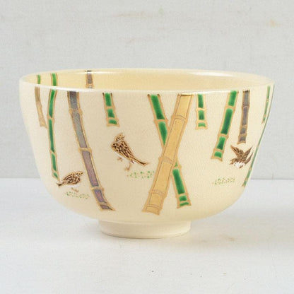 Miyake Yoshun Kyo-ware Iro-e Bamboo & Sparrow Tea Bowl with Tomobako