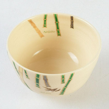 Miyake Yoshun Kyo-ware Iro-e Bamboo & Sparrow Tea Bowl with Tomobako