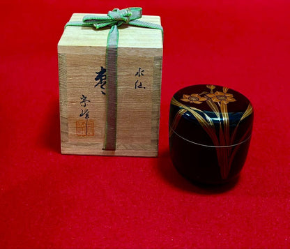 Suisen Narcissus Gold Maki-e Natsume Tea Caddy by Soho | Tame-nuri Lacquer | Signed Tomobako | Japanese Chado