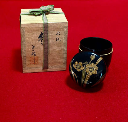 Suisen Narcissus Gold Maki-e Natsume Tea Caddy by Soho | Tame-nuri Lacquer | Signed Tomobako | Japanese Chado