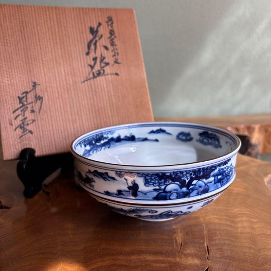 Sometsuke Matcha Bowl by Tezuka Keiun — Kanjuji Kiln Blue White Porcelain with Fish Landscape Motif, Signed Tomobako