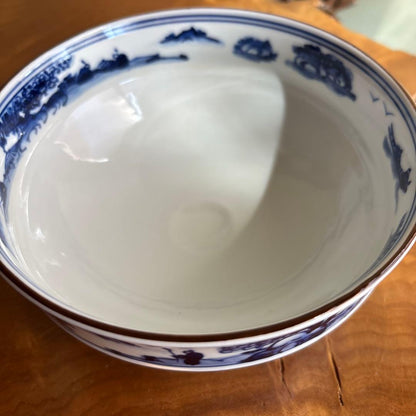 Sometsuke Matcha Bowl by Tezuka Keiun — Kanjuji Kiln Blue White Porcelain with Fish Landscape Motif, Signed Tomobako