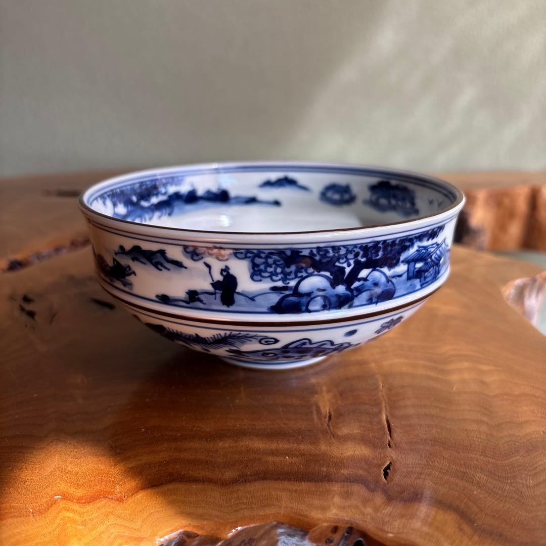 Sometsuke Matcha Bowl by Tezuka Keiun — Kanjuji Kiln Blue White Porcelain with Fish Landscape Motif, Signed Tomobako
