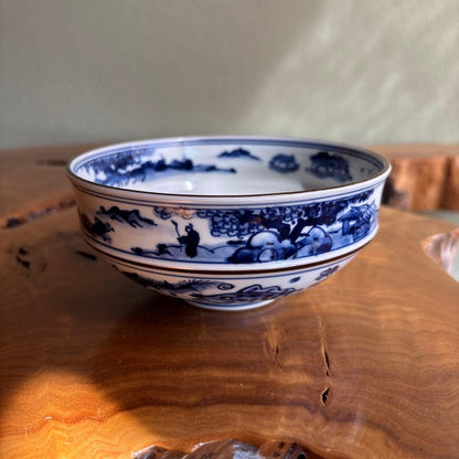 Sometsuke Matcha Bowl by Tezuka Keiun — Kanjuji Kiln Blue White Porcelain with Fish Landscape Motif, Signed Tomobako