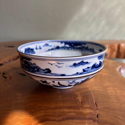 Sometsuke Matcha Bowl by Tezuka Keiun — Kanjuji Kiln Blue White Porcelain with Fish Landscape Motif, Signed Tomobako