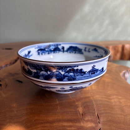 Sometsuke Matcha Bowl by Tezuka Keiun — Kanjuji Kiln Blue White Porcelain with Fish Landscape Motif, Signed Tomobako