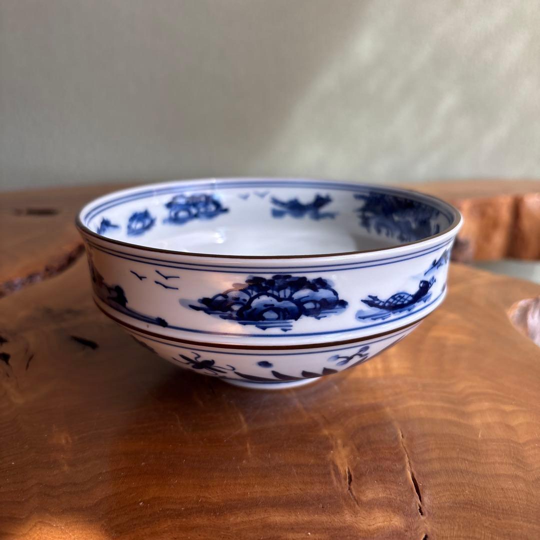 Sometsuke Matcha Bowl by Tezuka Keiun — Kanjuji Kiln Blue White Porcelain with Fish Landscape Motif, Signed Tomobako