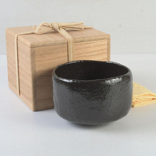 Black Raku Tea Bowl – Isoshima Kiln – Horiuchi Sokan Authentication – Taniko Sekiko – Japan