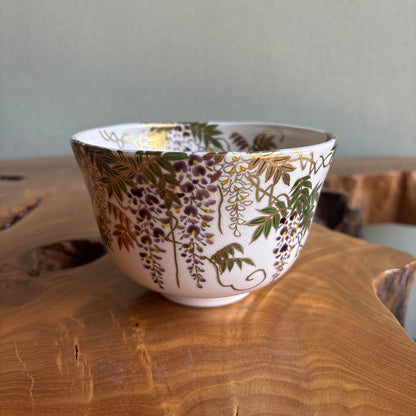 Matcha Bowl Ninsei Wisteria Overglaze Gold Chawan by Tominaga Genzan