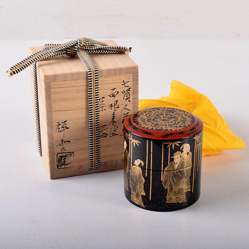 Yoshida Shoun Seven Sages Maki-e Negoro Natsume Gold Lacquer Tea Caddy