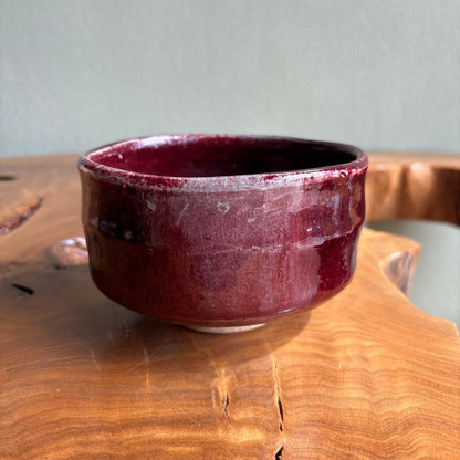 Yakishime Chawan by Tankyo - Japanese Matcha Bowl with Copper Red Oxblood Glaze and Crimson Interior, Signed Box
