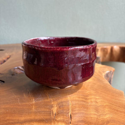 Yakishime Chawan by Tankyo - Japanese Matcha Bowl with Copper Red Oxblood Glaze and Crimson Interior, Signed Box
