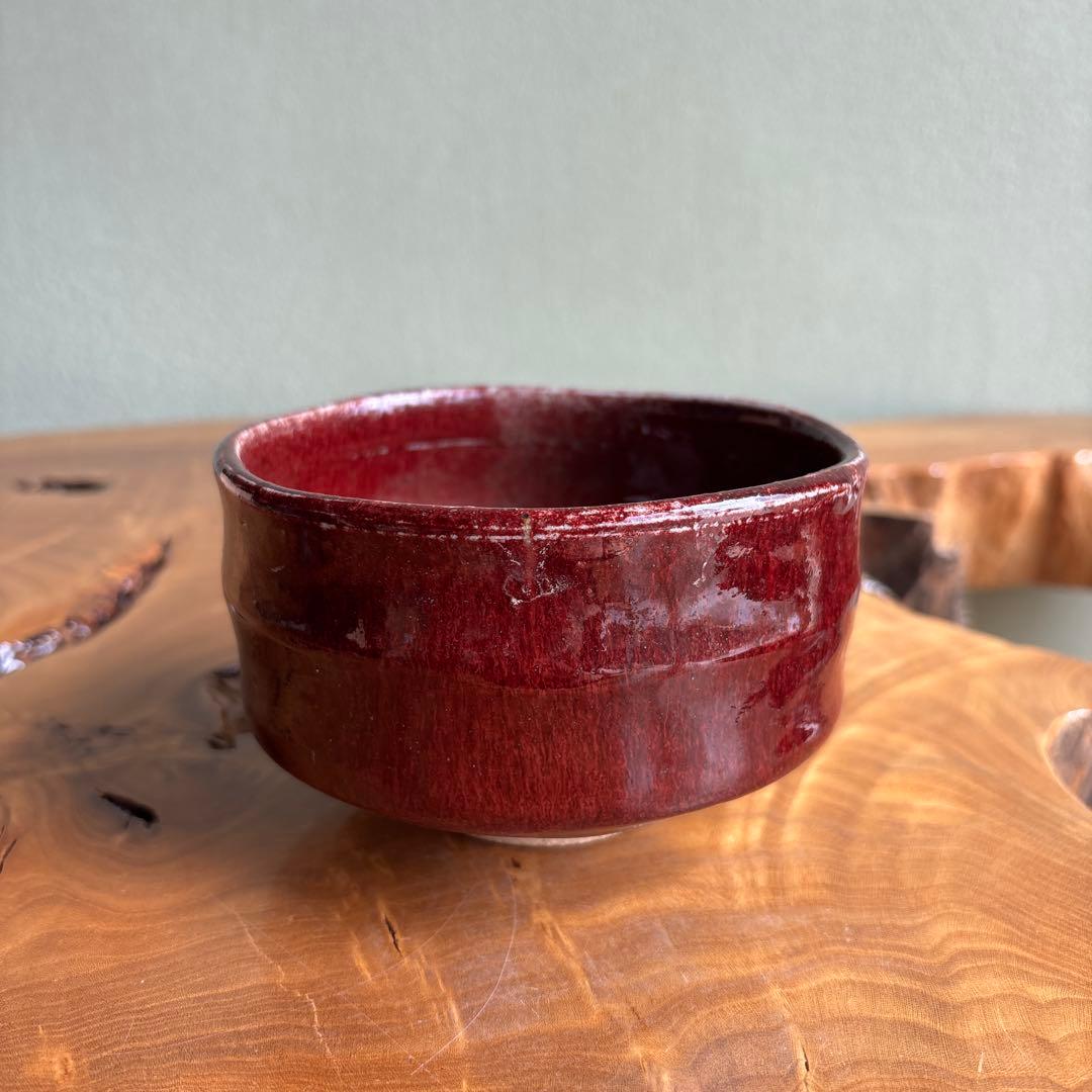 Yakishime Chawan by Tankyo - Japanese Matcha Bowl with Copper Red Oxblood Glaze and Crimson Interior, Signed Box