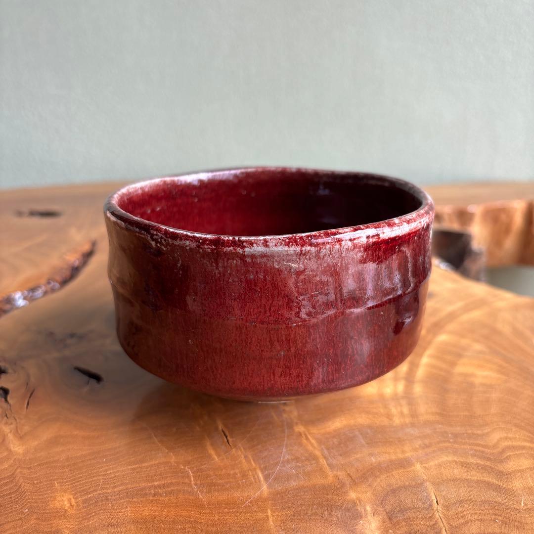Yakishime Chawan by Tankyo - Japanese Matcha Bowl with Copper Red Oxblood Glaze and Crimson Interior, Signed Box