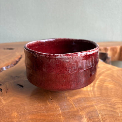 Yakishime Chawan by Tankyo - Japanese Matcha Bowl with Copper Red Oxblood Glaze and Crimson Interior, Signed Box