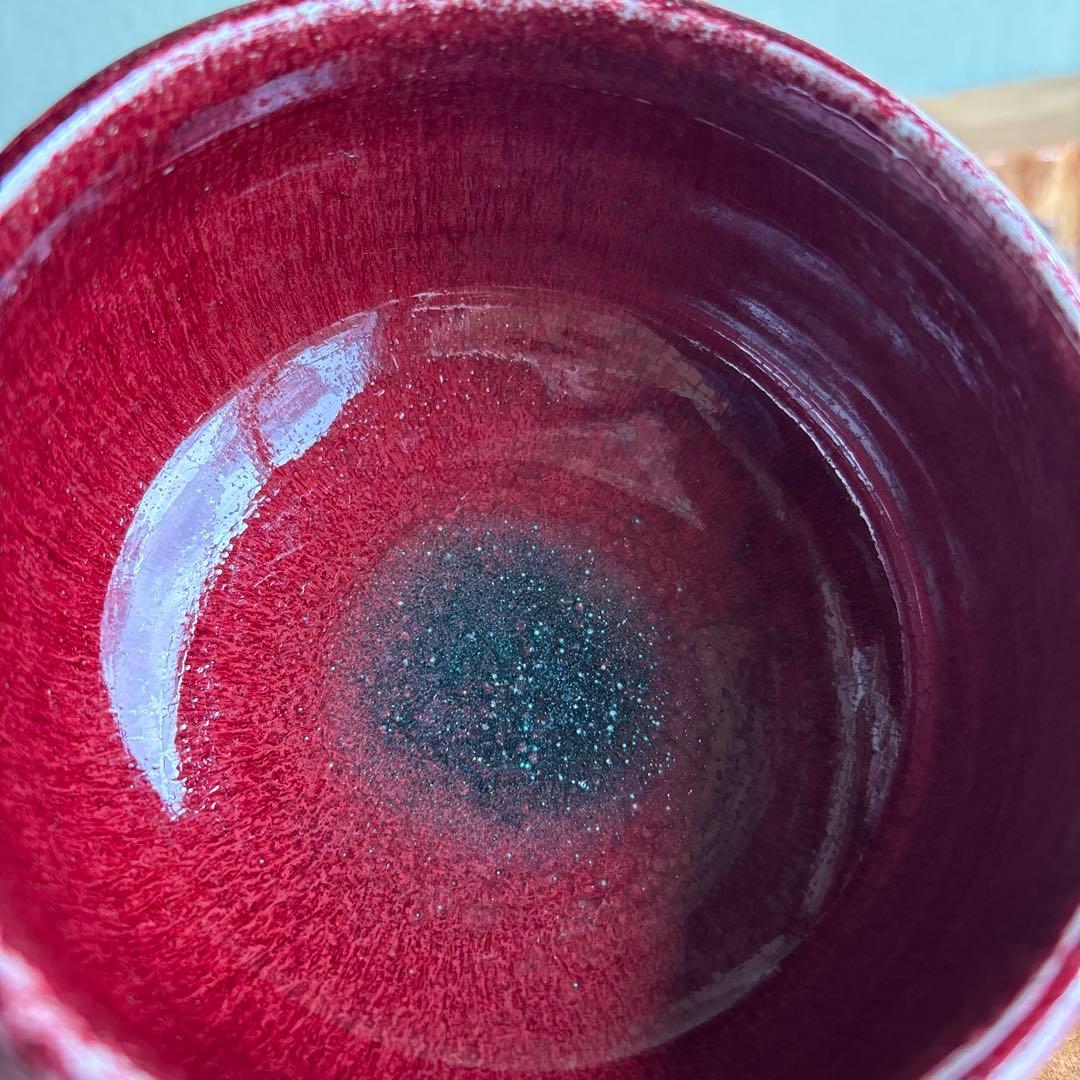 Yakishime Chawan by Tankyo - Japanese Matcha Bowl with Copper Red Oxblood Glaze and Crimson Interior, Signed Box