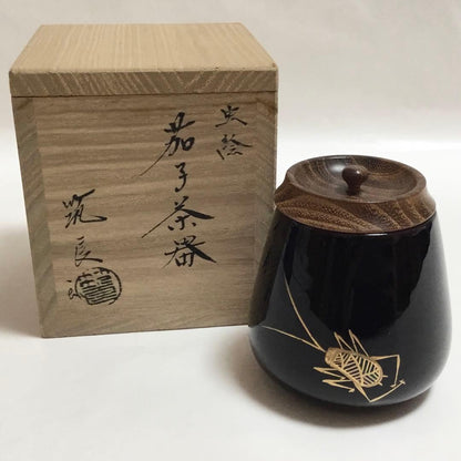Suzumushi Maki-e Nasu-gata Chaki by Chikuryō — Black Lacquer Tea Caddy with Bell Cricket Motif, Tomobako