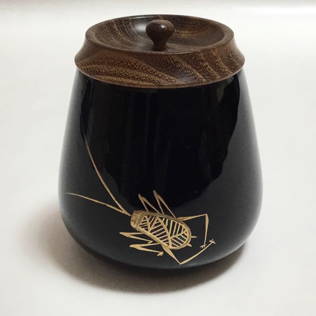 Suzumushi Maki-e Nasu-gata Chaki by Chikuryō — Black Lacquer Tea Caddy with Bell Cricket Motif, Tomobako