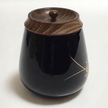 Suzumushi Maki-e Nasu-gata Chaki by Chikuryō — Black Lacquer Tea Caddy with Bell Cricket Motif, Tomobako