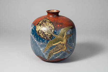 Tanishiki Masato Gasai Kutani Vase - Dual Cranes Moon and Waves