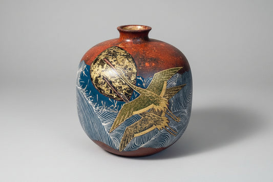 Tanishiki Masato Gasai Kutani Vase - Dual Cranes Moon and Waves