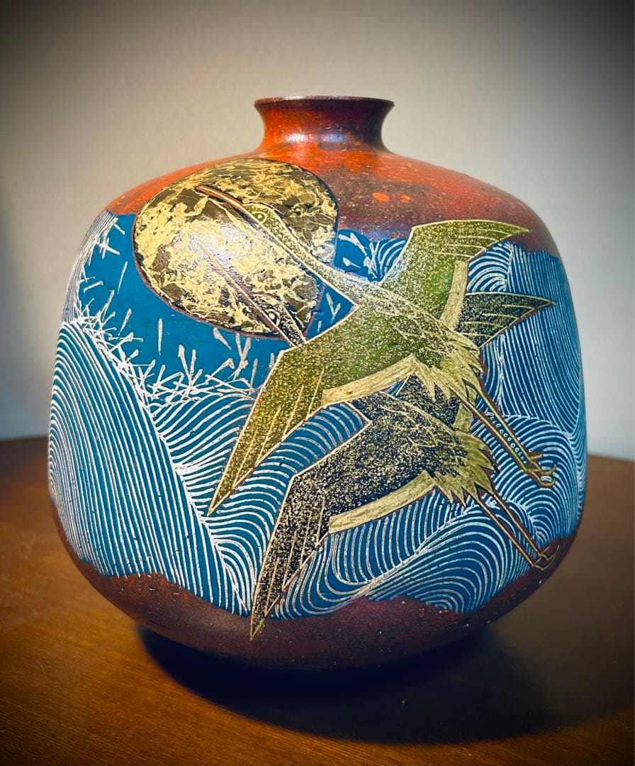 Tanishiki Masato Gasai Kutani Vase - Dual Cranes Moon and Waves